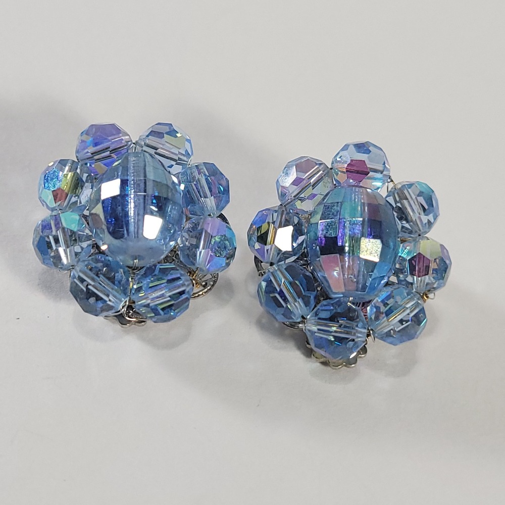 Vintage Crystal Cluster Earrings Blue Aurora Borealis Clip On Filigree Jewelry